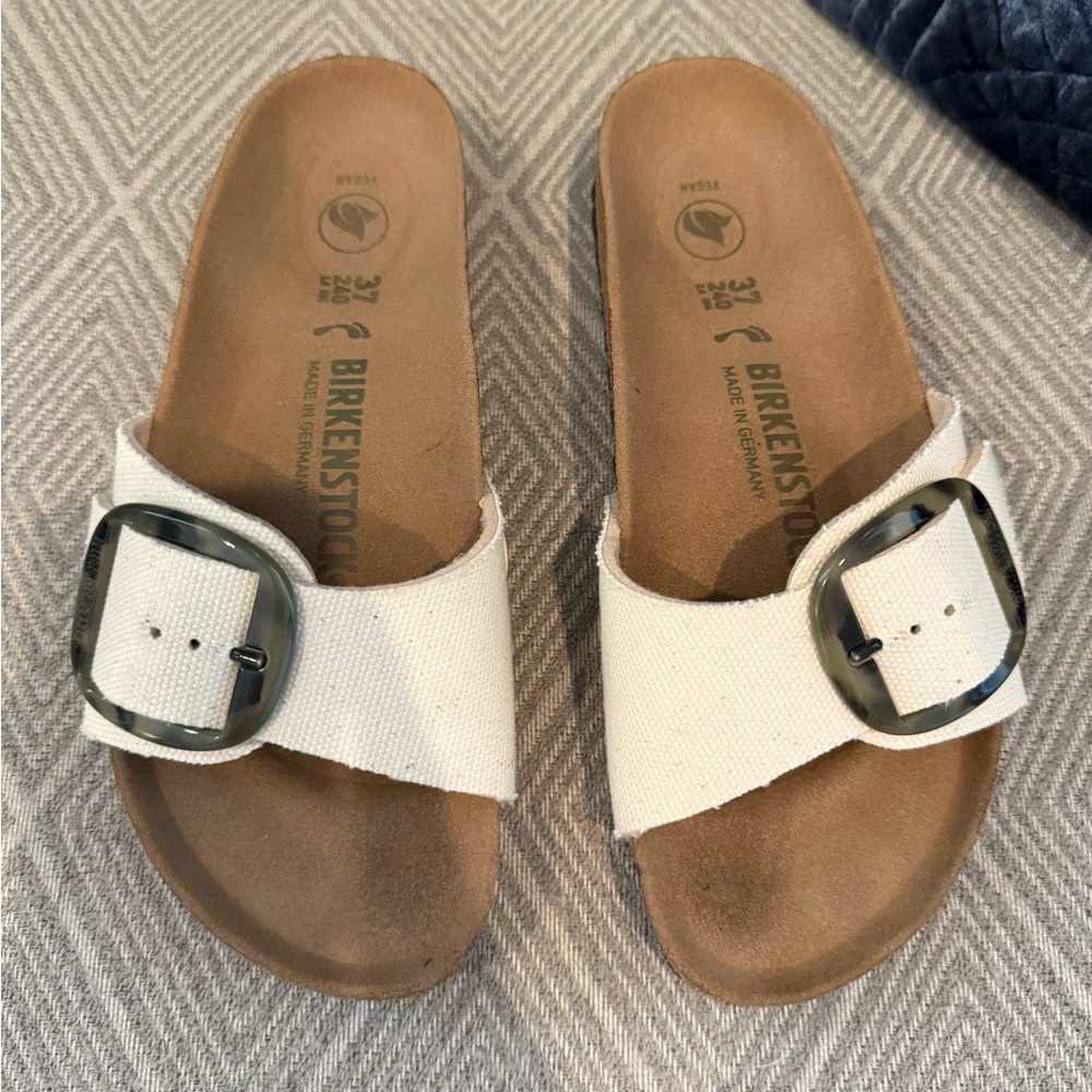 Birkenstock Linen Sandals with Tortoise Shell Buckle - Picture 3 of 5